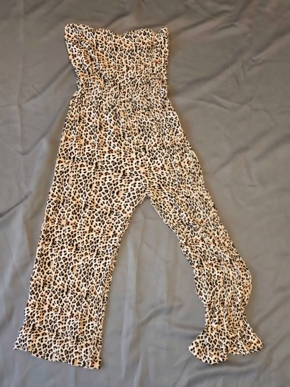 Simplee Apparel Strapless Leopard Print Jumpsuit in Beige and Black